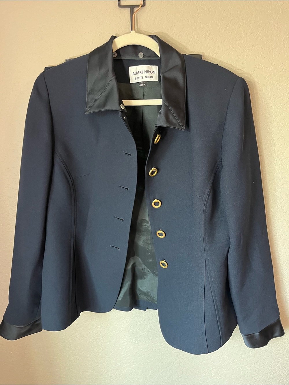 Vintage Albert Nipon Navy Skirt Suit 12P Gold Ring Buttons Satin Trim